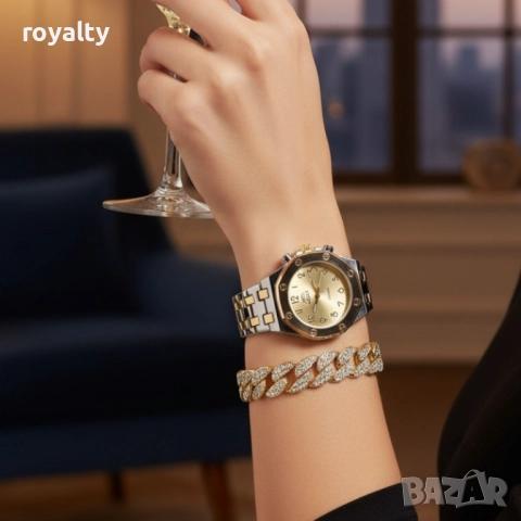 Модерен унисекс часовник със златист циферблат и блестяща гривна, снимка 3 - Бижутерийни комплекти - 52122391