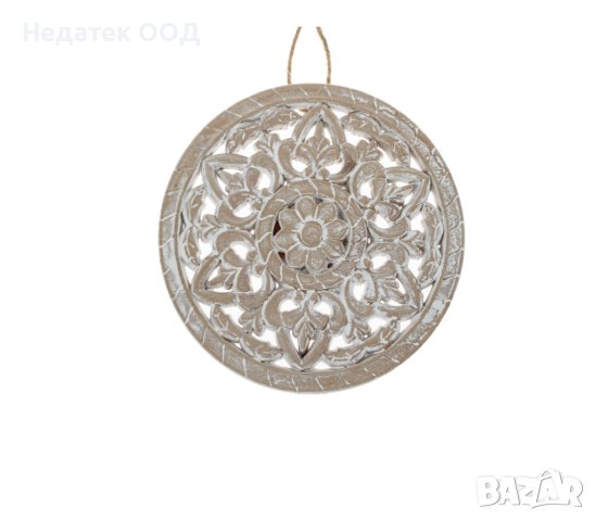 Декоративна, етническа дърворезба, с бели цветя, 20 см