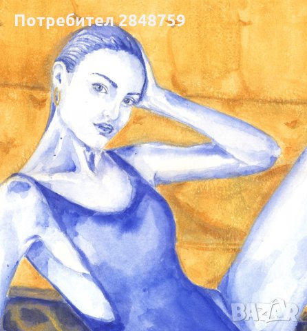 Мечта в синьо, картина, акварел и златен акрил, 76/56 , снимка 3 - Картини - 30594985