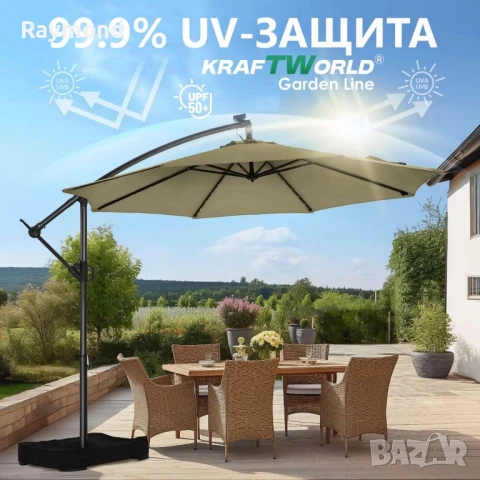 Висящ градински чадър Monaco 3м KraftWorld | Соларено LED осветление | Бежов Лукс | 220g/m², снимка 5 - Градински мебели, декорация  - 51053169