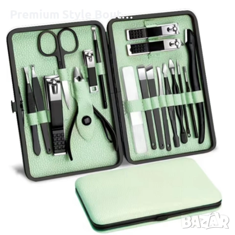 Комплект за маникюр от 18 части в елегантен зелен калъф, снимка 2 - Други стоки за дома - 53922911