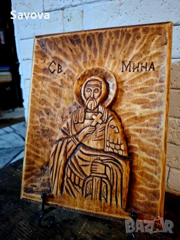 Свети Мина, икона-дърворезба, снимка 2 - Ръчно изработени сувенири - 56268238