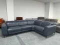 Син ъглов кожен диван с електрически релаксиращ механизъм, снимка 1 - Дивани и мека мебел - 39711931