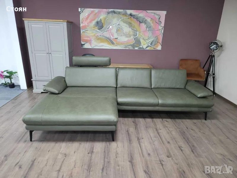 Тъмно зелен кожен ъглов диван с лежанка Dieter Knoll, снимка 1