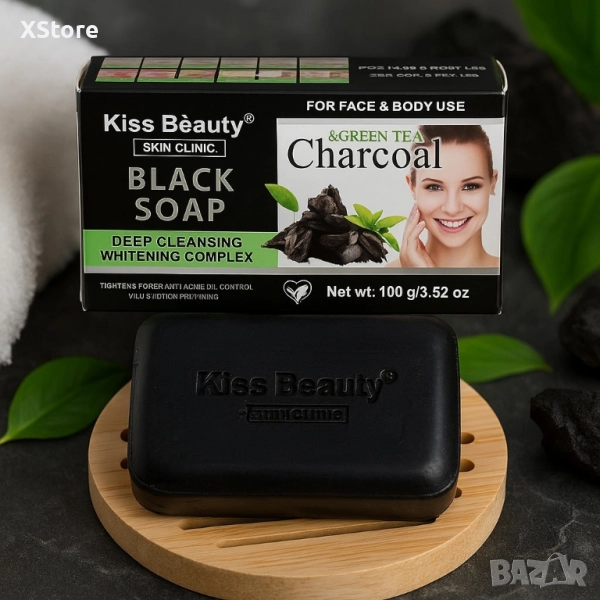 Сапун за лице и тяло с активен въглен и зелен чай – Kiss Beauty Black Soap, снимка 1