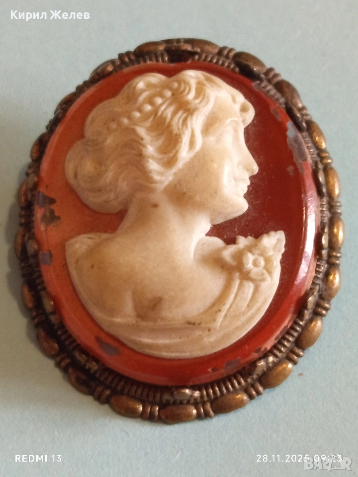 Винтидж Викториански стил КАМЕЯ с СЕДЕФ прекрасна бронзова стар пендант 49535, снимка 1