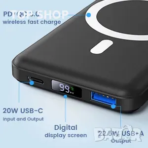 Yiisonger Mag-Safe Power Bank 10000mAh/QI 15W безжично,20W PD/22,5W QC жично зареждане,LED дисплей, снимка 1