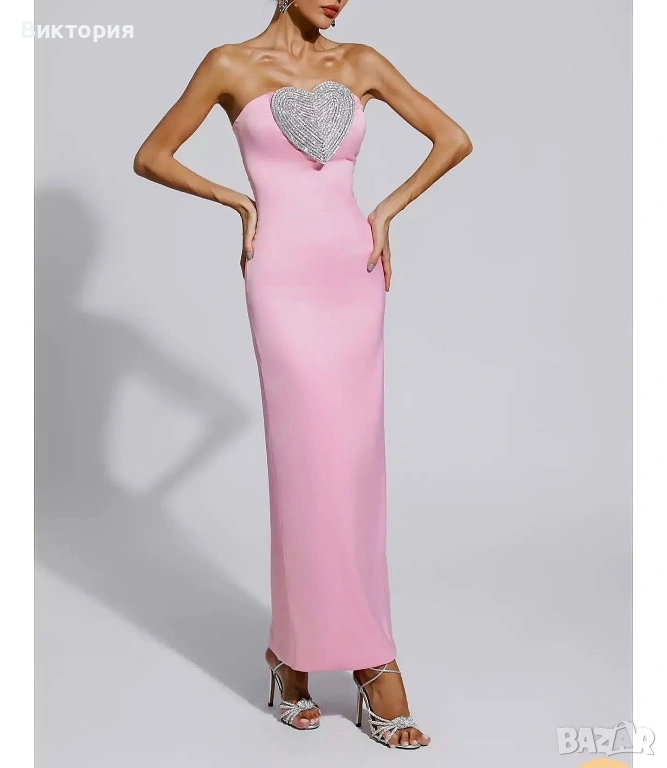 Дълга Рокля с детайл сърце с кристали, снимка 1