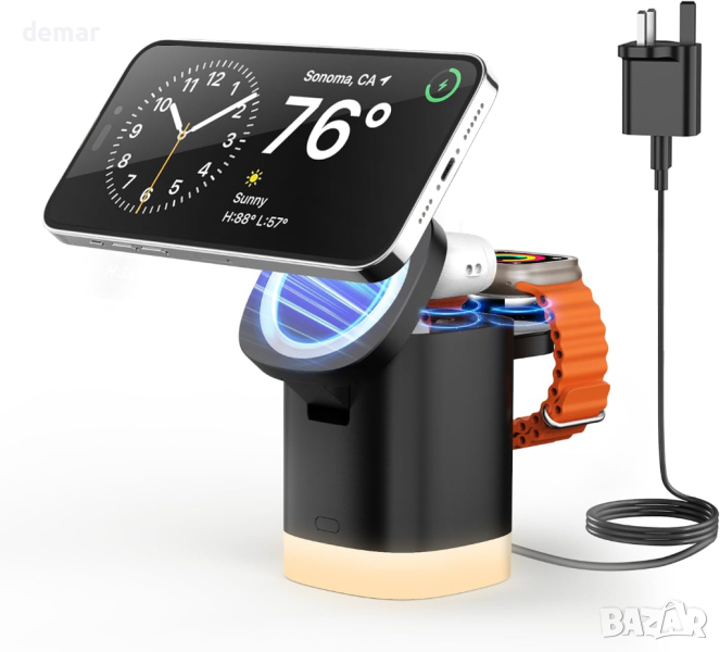 JoyGeek 3 в 1 магнитна безжична станция за зареждане 18W,съвместима с iPhone 15/14/13/12,Apple Watch, снимка 1