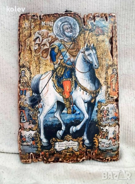Реплика на икона Свети Мина на кон със светци 30/20 см - УНИКАТ, декупаж, 110 лв, снимка 1