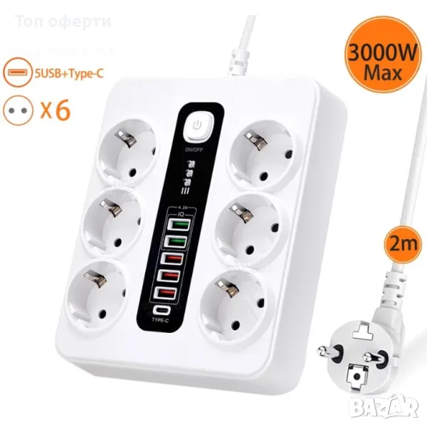 Разклонител Sumker, 6 контакт, 5 бр. USB, 1 бр. C конектор, 220V, 3000W, 10A, бял, снимка 1