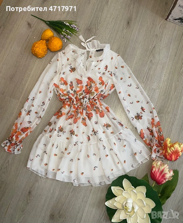 Елегантна рокля с цветя, с леко отворено деколте на гърба., снимка 1