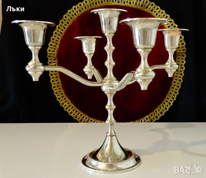 Посребрен свещник петица,чиста мед,21 см. , снимка 1