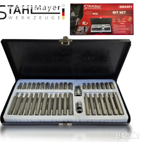Комплект накрайници в метална кутия – Hex, XZN и Torx 40 части StahlMayer, снимка 1
