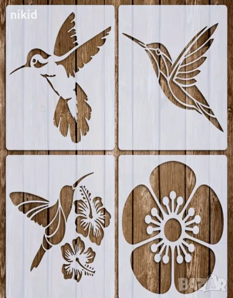 4 вида птичка птица Колибри цвете стенсил шаблон за спрей за торта украса Scrapbooking, снимка 1