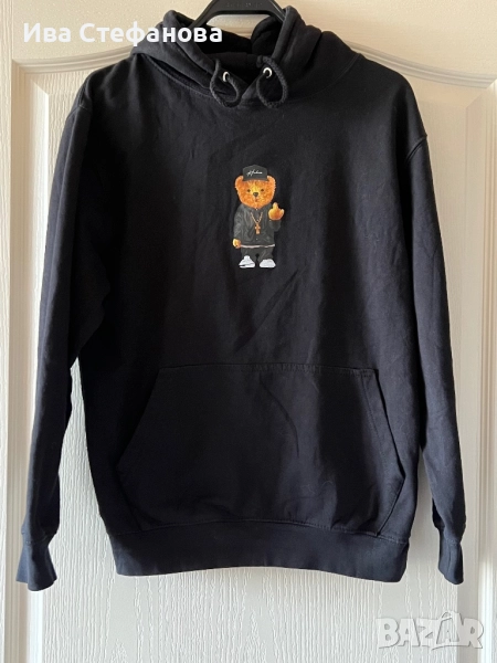 Спортна черна памук памучна ватирана блуза суичър суитшърт с качулка мече, снимка 1