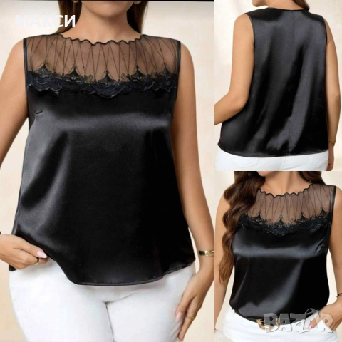 Макси елегантен сатенен потник с прекрасна дантела отпред в наситено черно