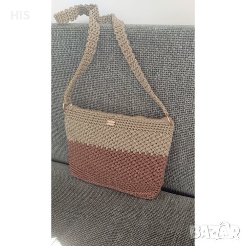 Дамска плетена чанта, беж и кафяво, ръчно изработена, снимка 2 - Чанти - 42698885