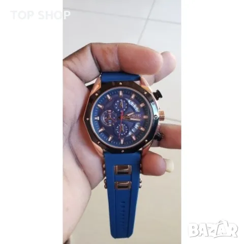 Мъжки спортен часовник хронограф с масивен цифеблат и силиконова каишка с орнаменти в розово злато, снимка 4 - Мъжки - 48787385