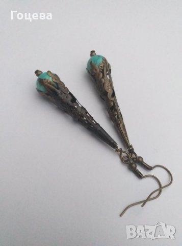 Прекрасен Викториански Тюркоазен комплект обици и колие в бронзов цвят, снимка 7 - Бижутерийни комплекти - 31068464