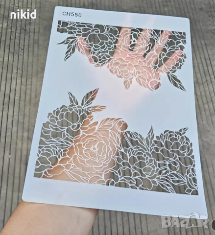 Двустранно наредени цветя божур божури рози голям стенсил шаблон украса торта боя Scrapbooking, снимка 3 - Форми - 51938460