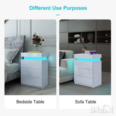 Нощно шкафче, 3 чекмеджета, лед LED светлини за спалня, всекидневна, снимка 2 - Шкафове - 49680648