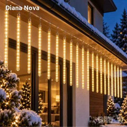 Коледна LED украса „Падащи метеори“ с 10 светещи тръби, 480 LED диода, 6 м, топла бяла светлина – еф