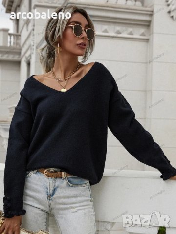 Дамски широк пуловер с маншет и копчета, 2цвята - 023, снимка 4 - Блузи с дълъг ръкав и пуловери - 42407410