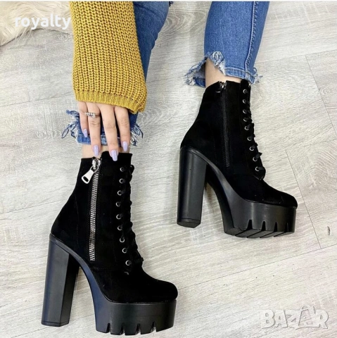 Боти на ток - черен велур с черно ходило, снимка 6 - Дамски боти - 54159687