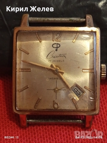 Рядък механичен часовник Creation 17 jewels Incabloc позлатен швейцарски 52537, снимка 3 - Антикварни и старинни предмети - 53381493