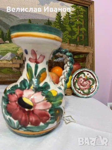 Винтидж Италианска ваза и чинийка майолика. Ръчно рисувани.Отлично състояние., снимка 5 - Антикварни и старинни предмети - 48274361