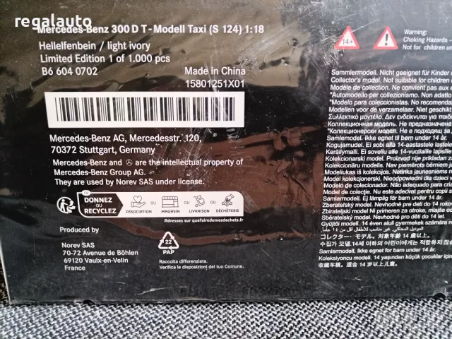 B66040702,умален модел die-cast Mercedes-Benz 300 D,S 124(1989-1993),T-Modell,Taxi,1:18, снимка 8 - Колекции - 48892706