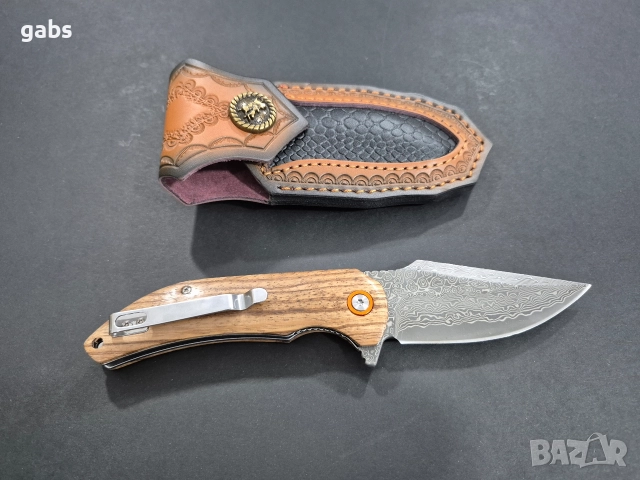 Сгъваем нож дамаска стомана с кожена кания,SD16, снимка 4 - Ножове - 52949472