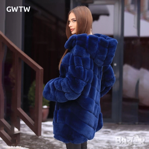 Isolde еко косъм чинчила тъмно синьо дълго яке, снимка 2 - Якета - 51795133