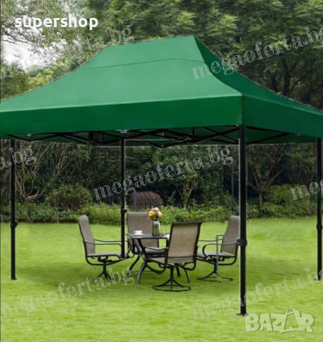 Градинска Шатра 3х4.50 - 23кг със Страници и Зелено Гумирано Покривало , снимка 8 - Градински мебели, декорация  - 54240571