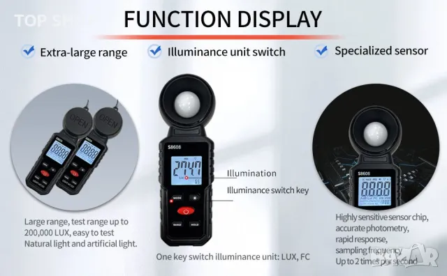 Цифров измервател на осветеността Светломер 20Lux до 200 000Lux, снимка 5 - Гедорета - 48545588