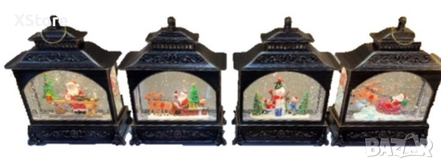 Коледна лампа със сняг и коледни орнаменти