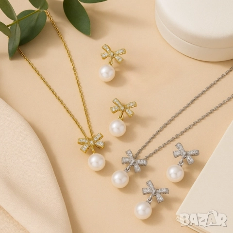 Комплект колие и обеци с перли и панделки/ устойчив метал, снимка 5 - Бижутерийни комплекти - 51926881