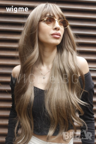 Дълга чуплива тъмноруса перука на светлоруси кичури с бретон Мирея, снимка 5 - Аксесоари за коса - 50069566