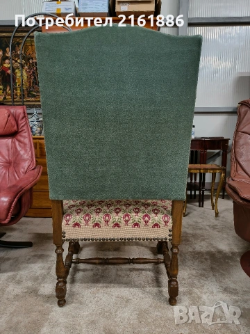 Дъбово кресло с дърворезба и гобленова дамаска , снимка 6 - Дивани и мека мебел - 53950540