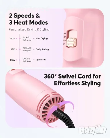Bopcal 4-в-1 Мини Четка Сешоар с Горещ Въздух – Dual Voltage 100–240V, Йонна Технология, Розова, снимка 5 - Друга електроника - 55750497