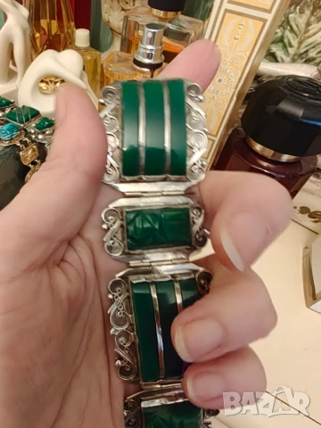 Антикварна сребърна гривна Мексико ,зелен оникс ., снимка 4 - Гривни - 54030476