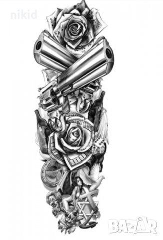 Ръкав карти пистолети пари жена клоун и гълъб временна татуировка татос татус Tattoo, снимка 2 - Други - 37954990
