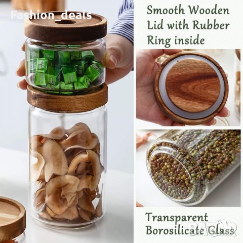 Комплект 4 стъклени контейнера за съхранение на храни с дървен капак, снимка 5 - Кутии за съхранение - 33759608