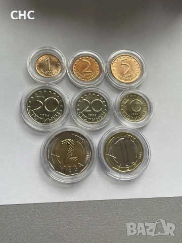 Нови монети 1, 2 и 5 стотинки 2000 година, 10,20, 50 ст. 1999 г., 1 и 2 лева 2002 и 2005 г.