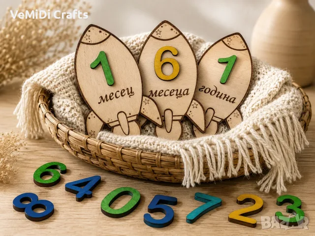 Дървени месечинки за бебе „Ракета“, снимка 2 - Сувенири от дърво - 55871385