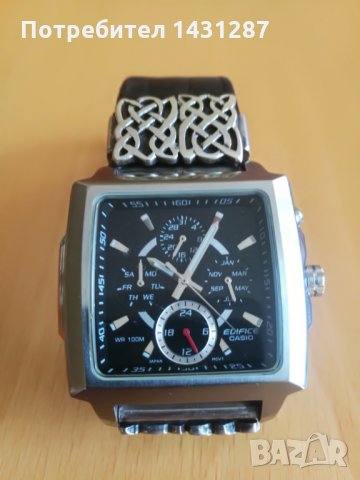 Часовник Casio EF-324 с масивна ръчно изработена каишка от кожа и сребро, снимка 2 - Гривни - 22605638