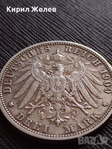 СРЕБЪРНА МОНЕТА 3 марки 1909г. ГЕРМАНСКА ИМПЕРИЯ Вилхелм втори Кайзер на Прусия УНИКАТ 33894, снимка 9 - Нумизматика и бонистика - 39695555