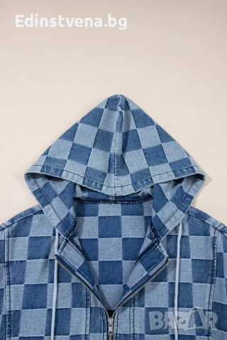 Дамски дънков суичър с качулка и шахматен десен, снимка 5 - Суичъри - 51261517