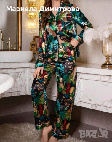 ДАМСКА ПИЖАМА ОТ САТЕН С ЕКЗОТИЧЕН ПРИНТ, снимка 2 - Пижами - 53261354
